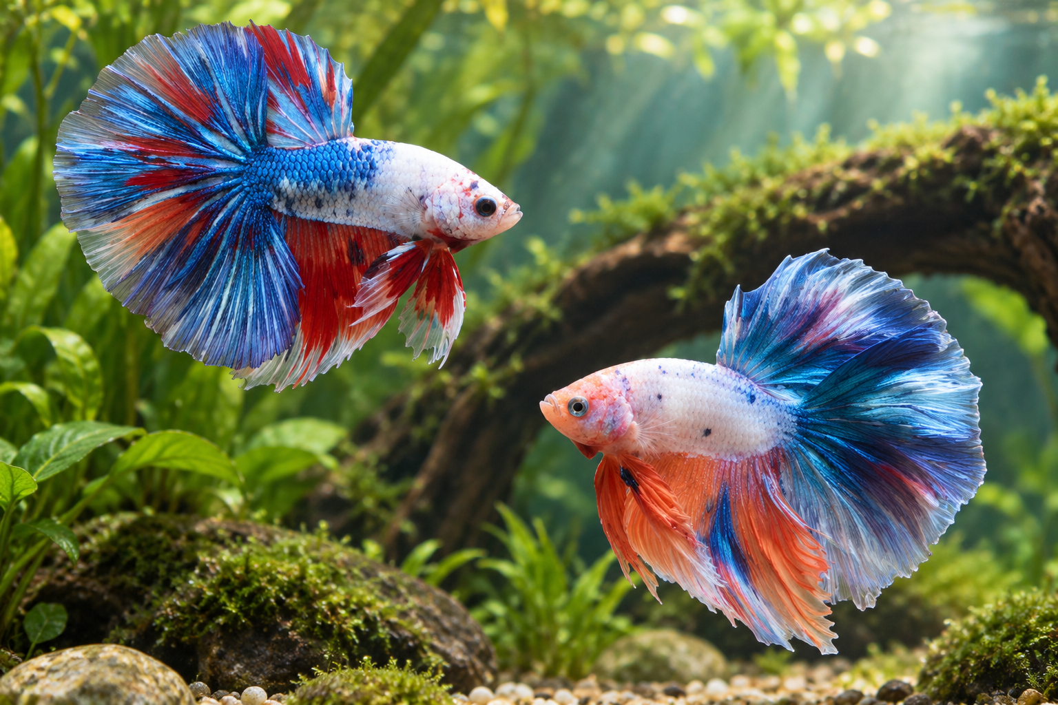 Two Tri-Color Marble Over Halfmoon bettas BT-1103: one white, blue and red, and one ivory with blue and orange fins.