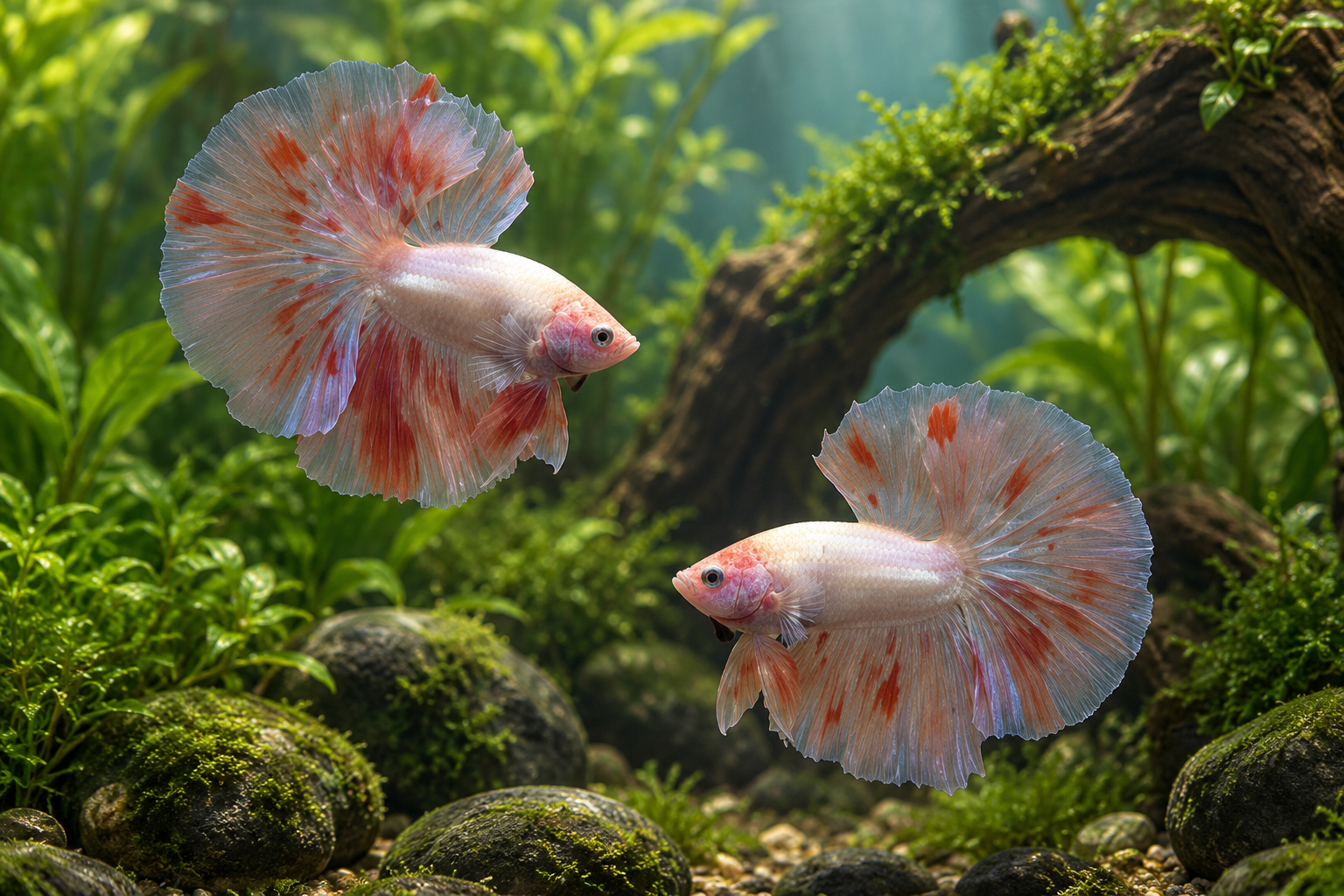 Bettas Armageddon Skyhawk Over Halfmoon BT-1024, cuerpos rosados claros y aletas transparentes con rojo.