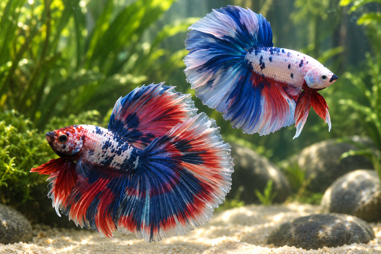 Two Tri-Color Marble Over Halfmoon bettas BT-1103, one red and blue and one speckled white, with broad fins among plants.
