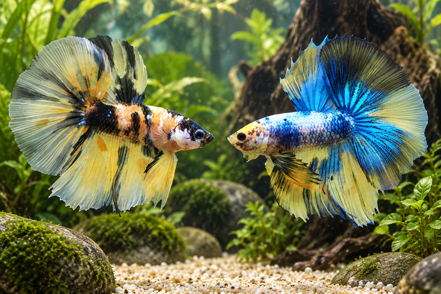 Two Yellow Koi Skyhawk Over Halfmoon BT-1029 bettas: one yellow and black, and the other blue and yellow.
