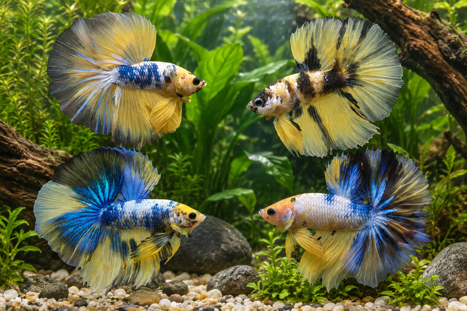 Yellow Koi Skyhawk Over-Halfmoon Betta (BT-1029), featuring yellow, blue, white, and black patterns.