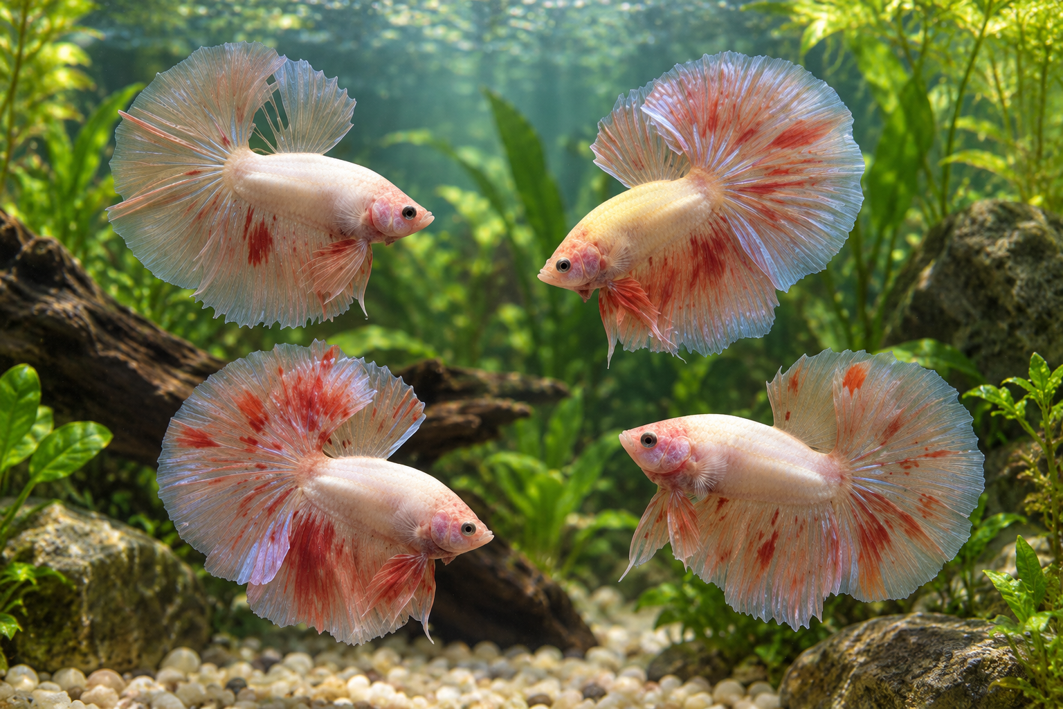 Cuatro bettas Armageddon Skyhawk Over Halfmoon BT-1024, con cuerpos claros y aletas con marcas rojas.