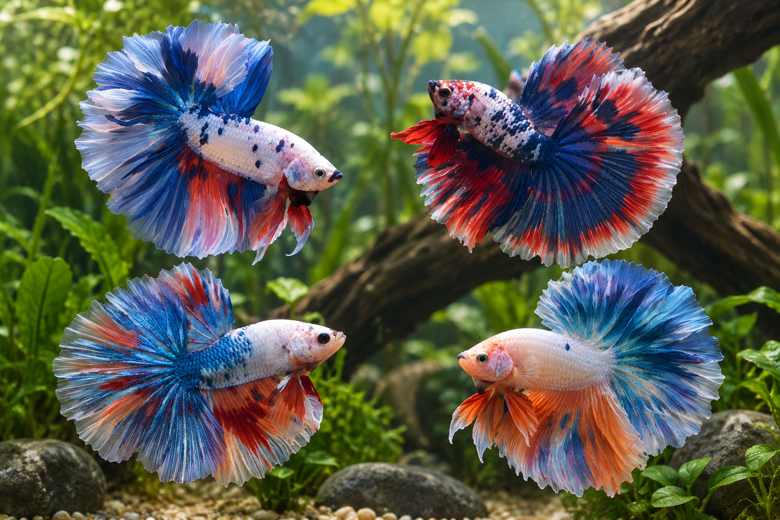 Four Tri-Color Marble Over Halfmoon bettas BT-1103, with blue, red, white and orange fins among aquatic plants.