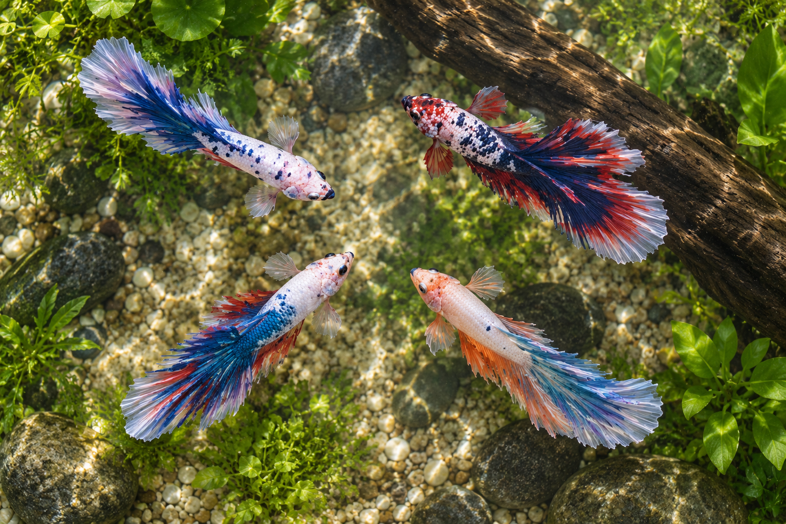 Top view of four Tri-Color Marble Over Halfmoon bettas BT-1103, with marbled patterns above gravel, among plants and submerged driftwood.