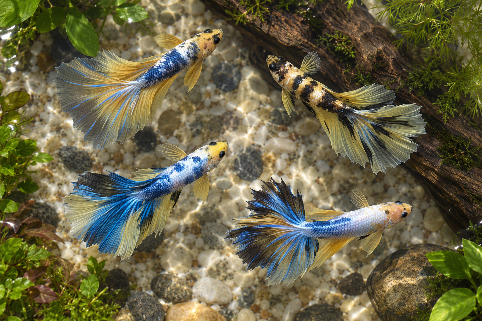 Four Yellow Koi Skyhawk Over Halfmoon BT-1029 bettas, with marbled bodies and blue and yellow tails.