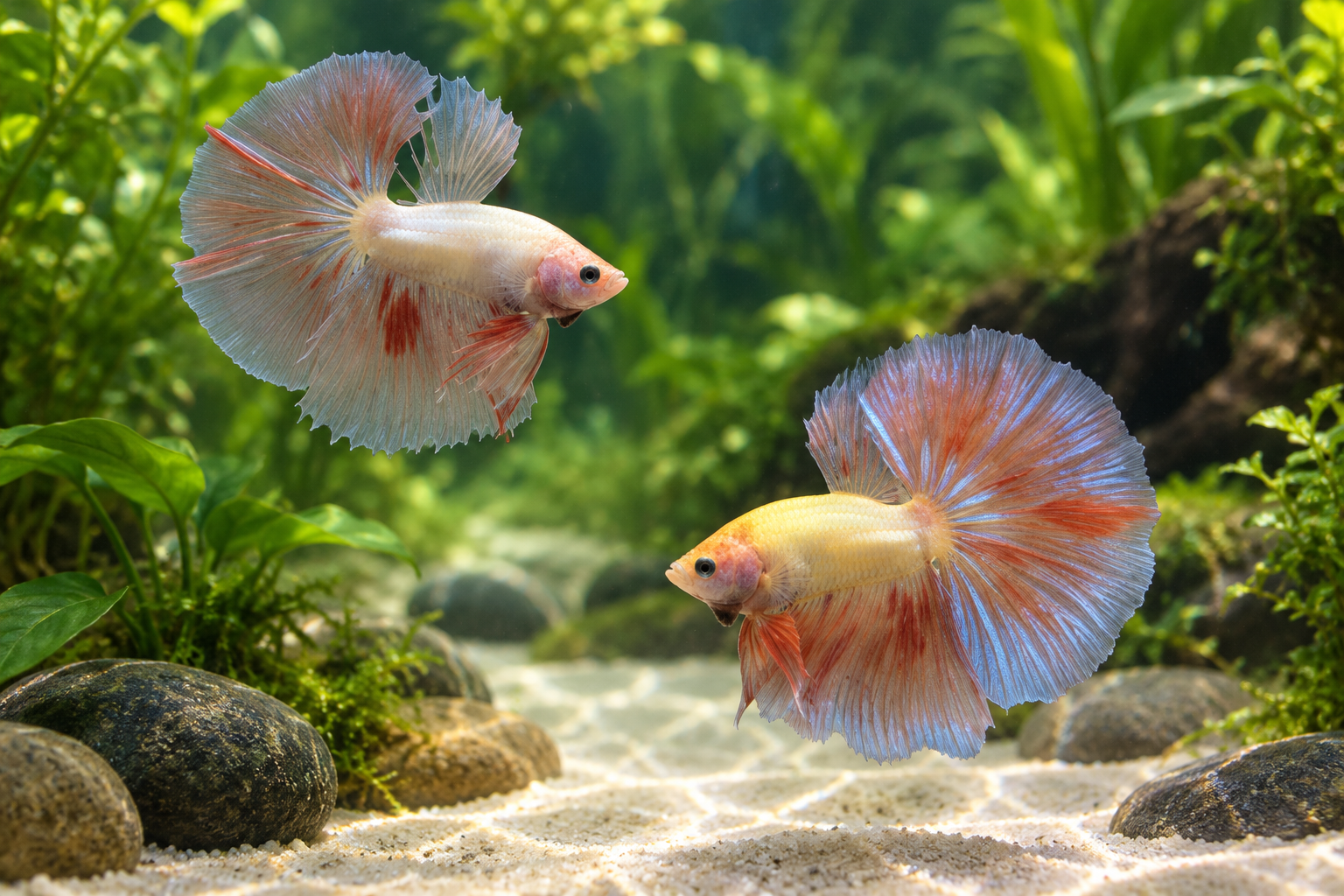 Dos bettas Armageddon Skyhawk Over Halfmoon BT-1024, Color marfil y amarillo pálido, con amplias aletas sobre arena clara.