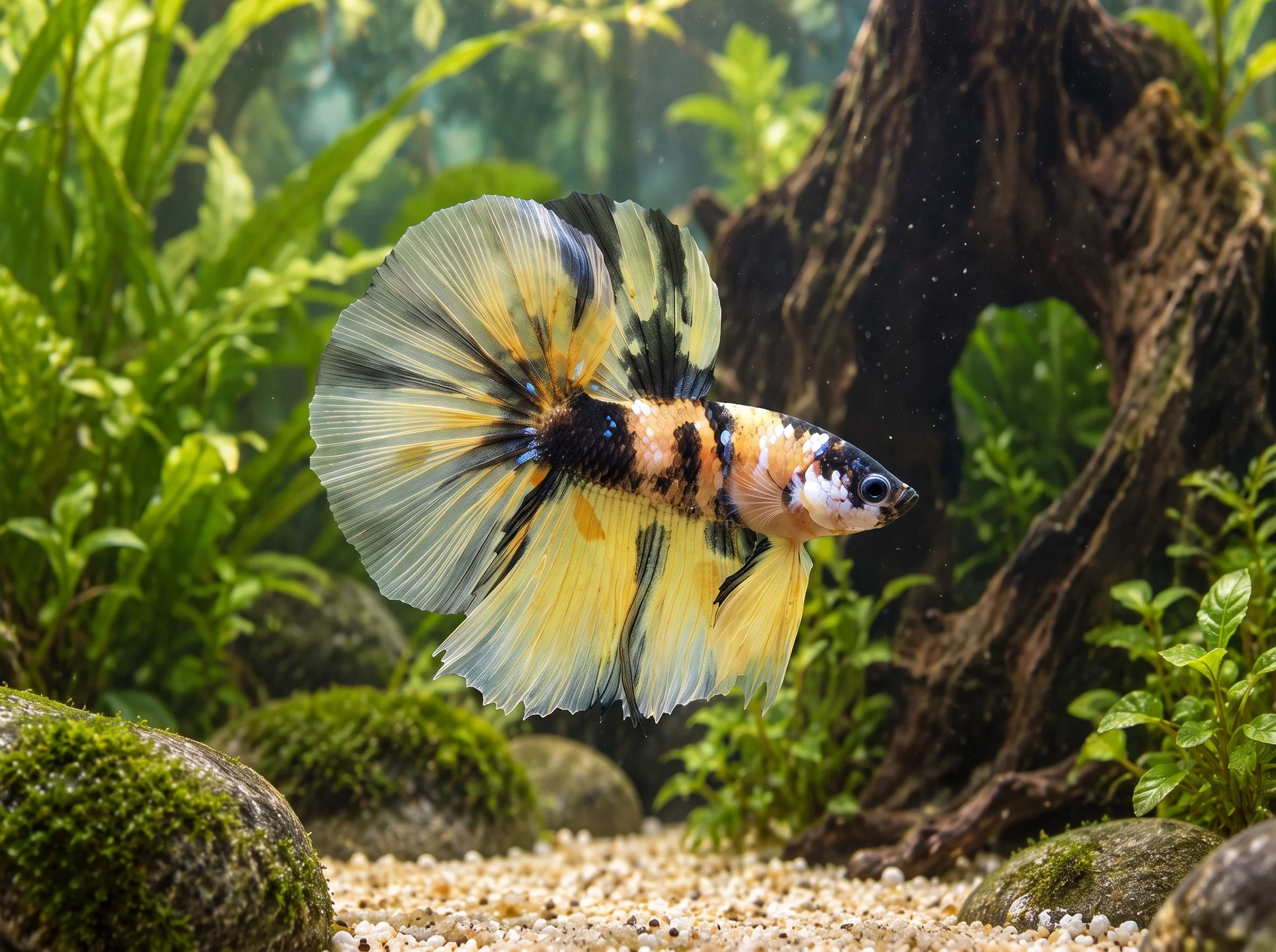 BT-130: one golden yellow, black and white betta in right-facing side view, with a broad tail and long fins spread among plants, rocks and driftwood.