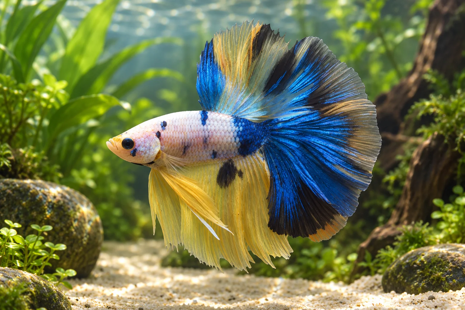 BT-129: un betta de perfil hacia la izquierda, cuerpo blanco rosado con manchas azules, cola azul en abanico y aletas amarillas extendidas entre plantas y rocas.