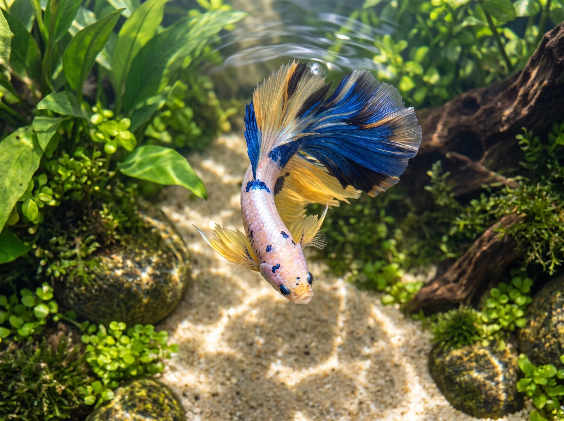 BT-129: un betta visto desde arriba y de frente, con el cuerpo curvado, cabeza clara moteada de azul y cola azul y amarilla hacia la parte superior derecha.