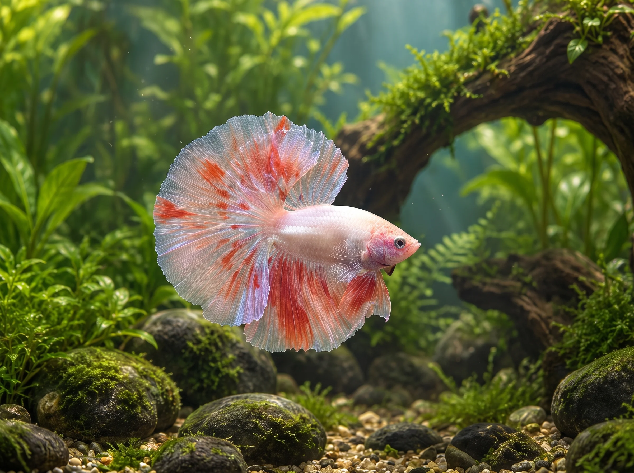 BT-024: one pinkish-white betta in right-facing profile, with a broad translucent tail, red patches and lavender highlights, in front of driftwood and mossy rocks.