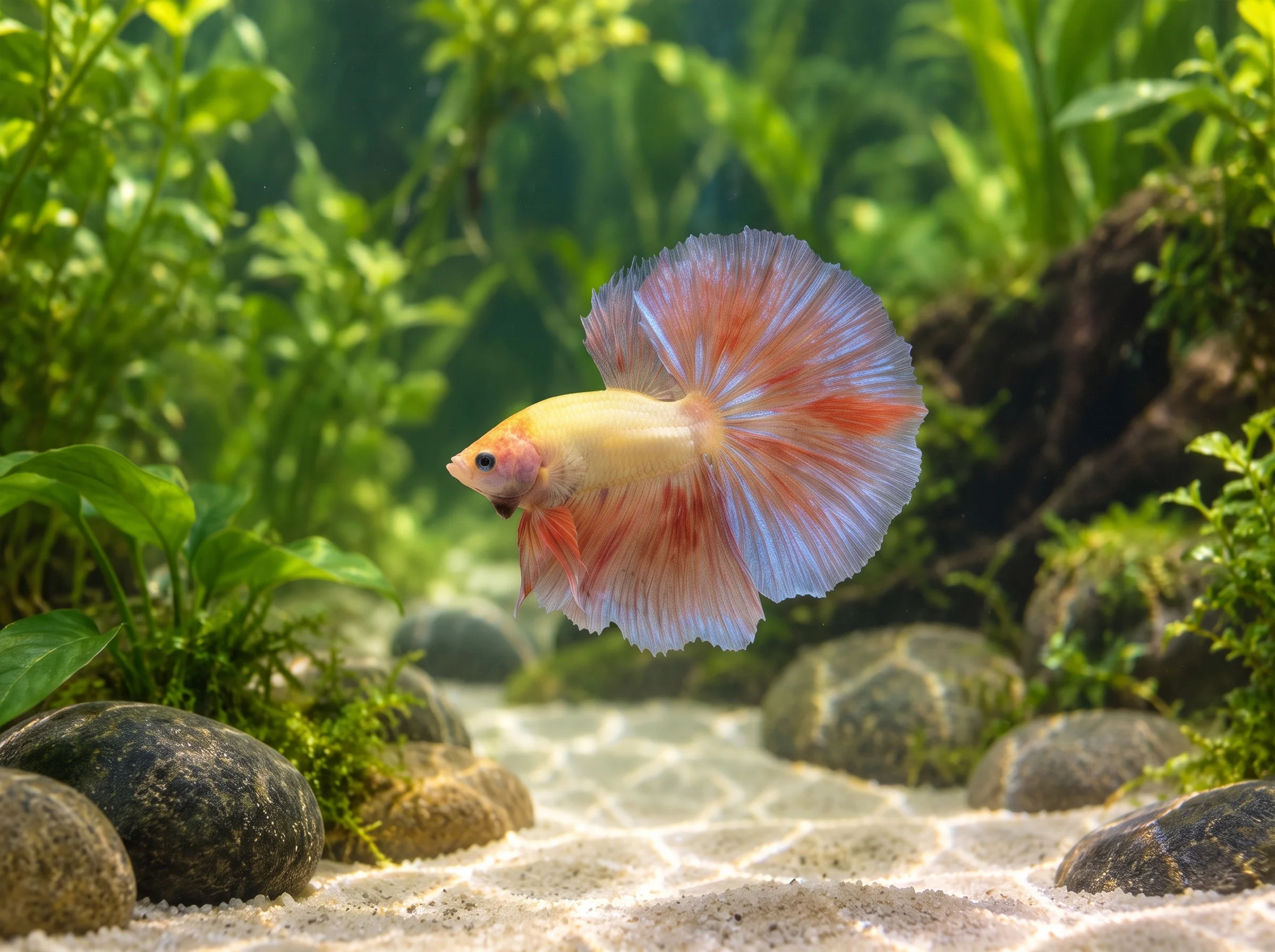 BT-024: one yellowish-cream betta facing left, with salmon fins and blue highlights, hovering above pale sand among rocks and plants.