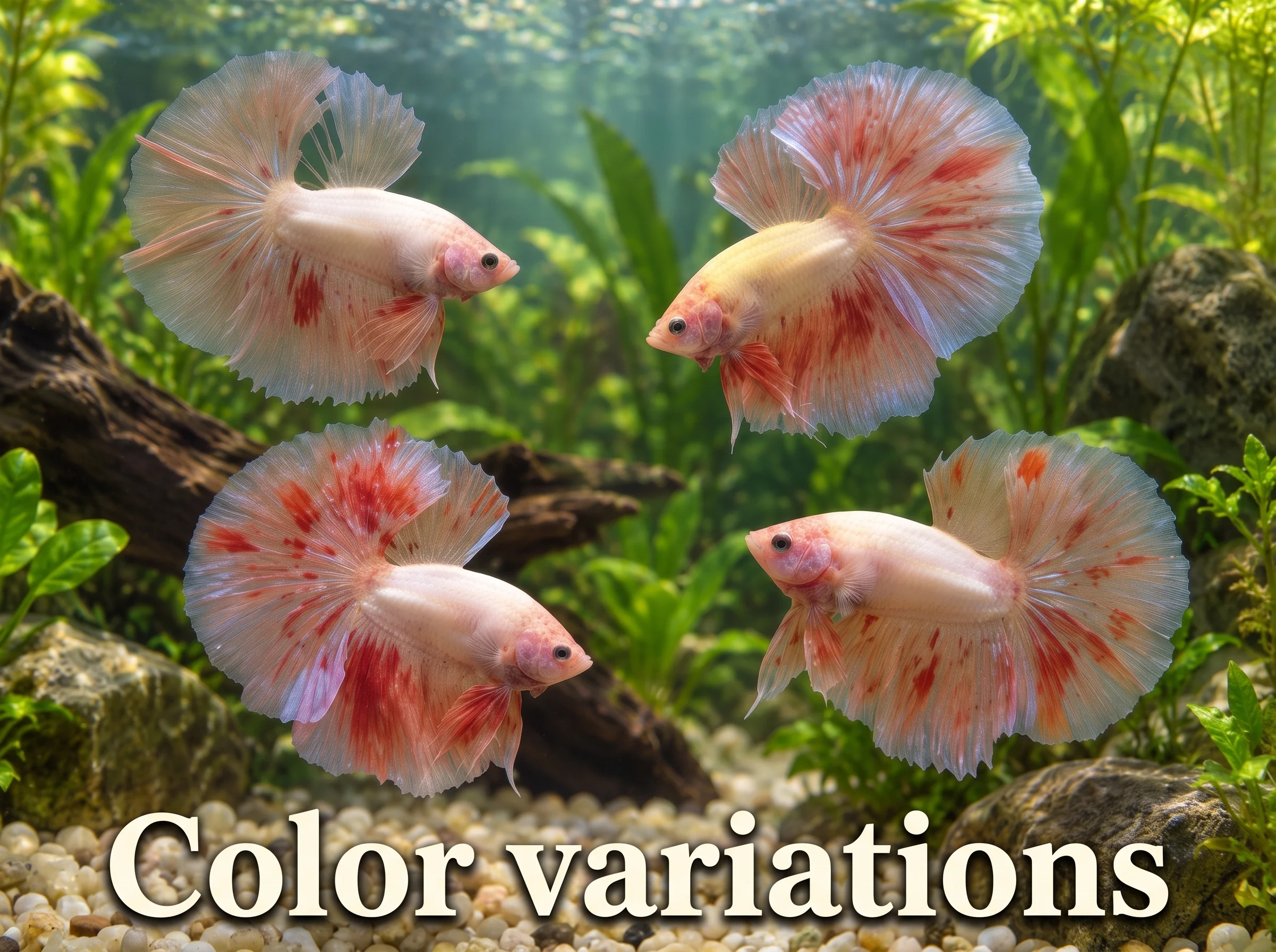 BT-024: composition showing four white and cream bettas, two facing each direction, with varying red markings and blue-highlighted fins against a planted background.