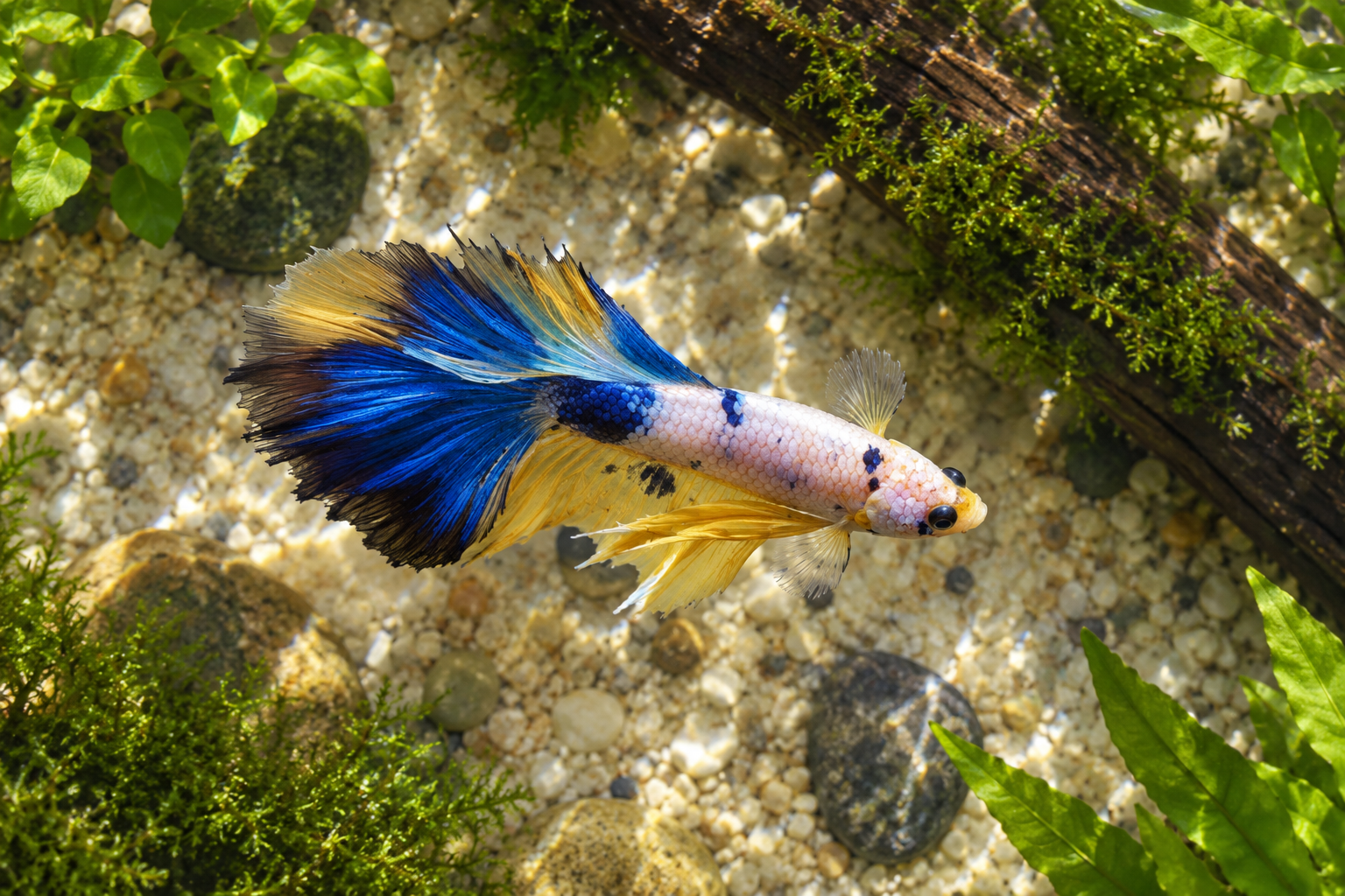 Top view of a Yellow Koi Skyhawk Over Halfmoon Betta (BT-1029), with a mottled white body and a blue and gold tail.