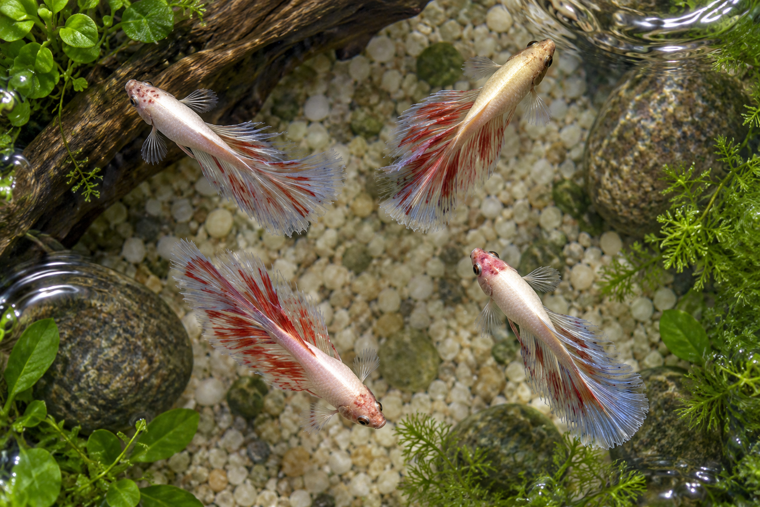 Cuatro bettas Armageddon Skyhawk Over Halfmoon BT-1024, con cuerpos marfil y amarillo pálido.