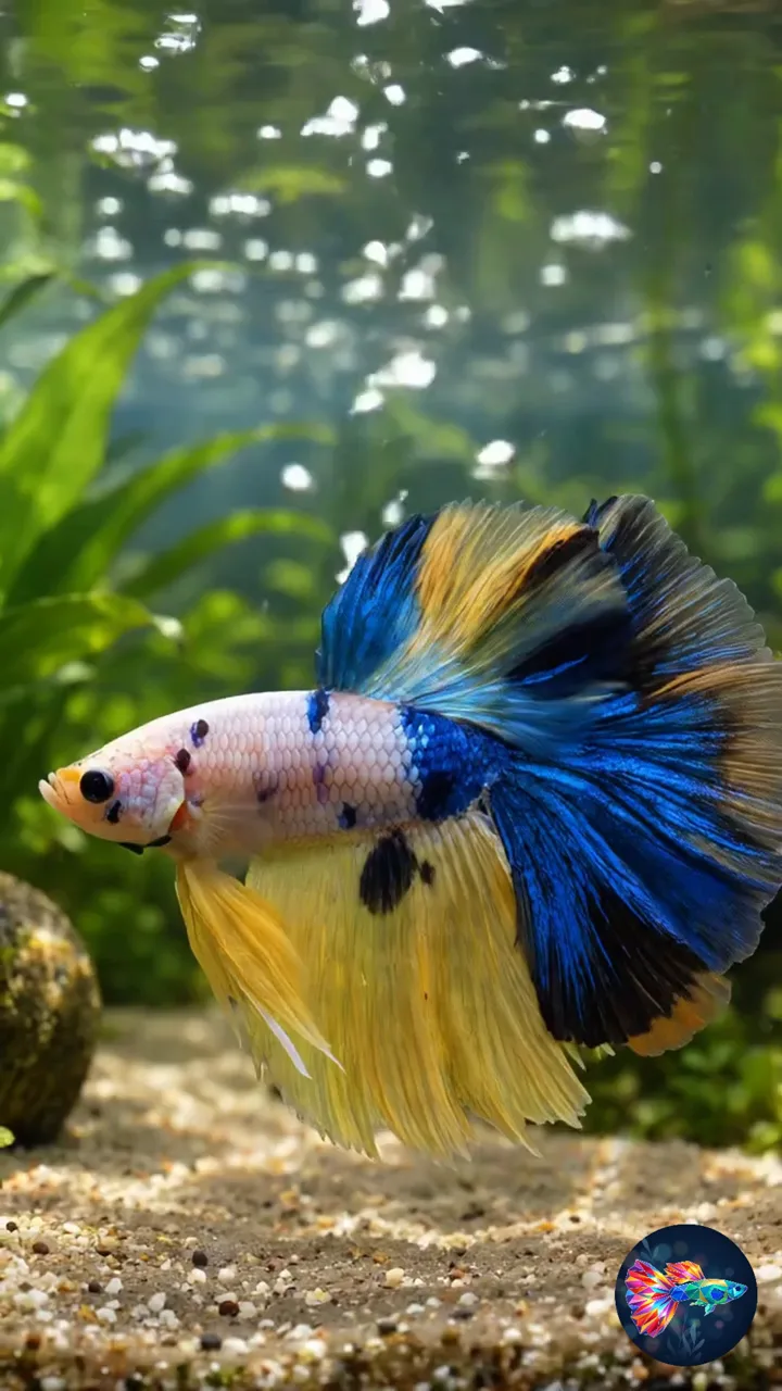 Video del producto · Betta splendens Macho Mármol Azul, Blanco y Amarillo de Aletas Largas
