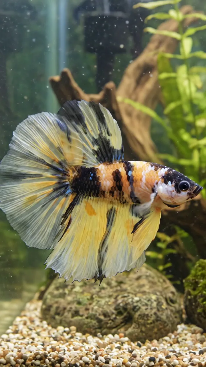 Video del producto · Betta Macho Koi Mármol Amarillo, Negro y Blanco de Aletas Largas
