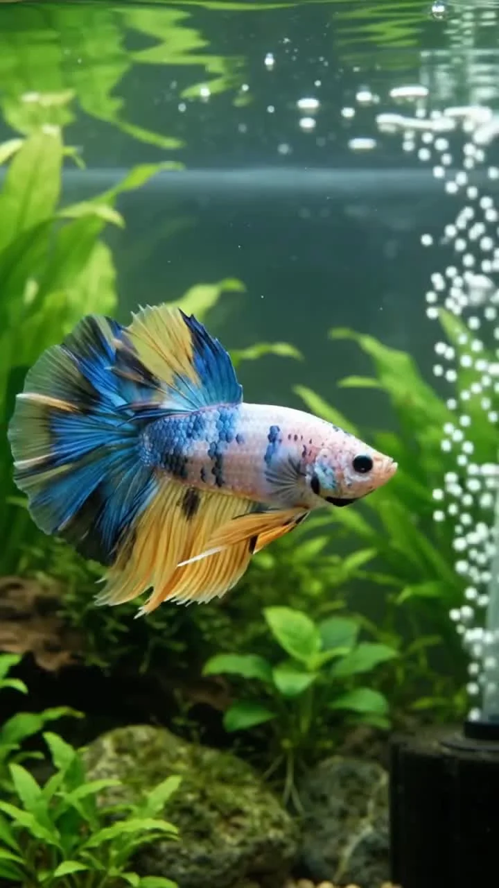 Product video · Male Halfmoon Koi Betta, yellow and blue with marble accents