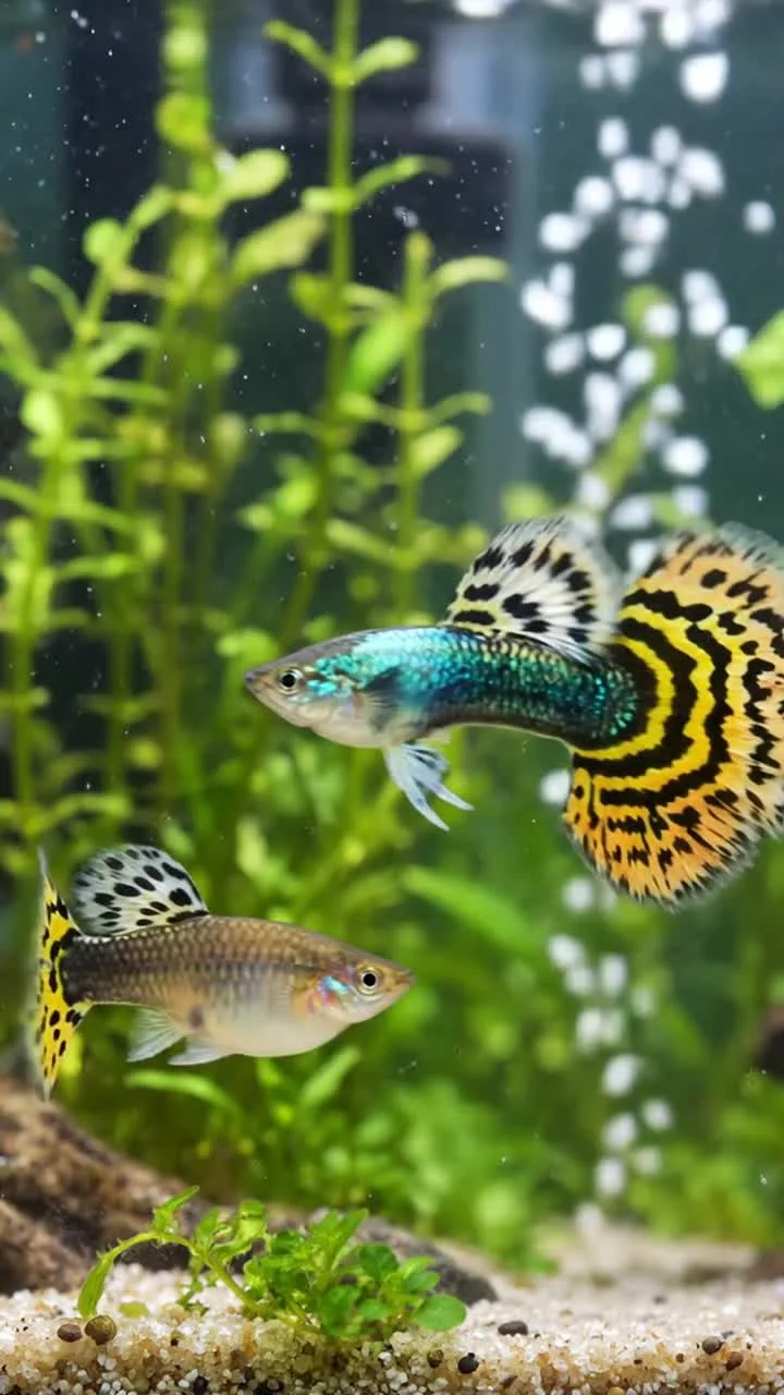 Video del producto · Guppy mosaico tigre amarillo de media luna, tamaño XL